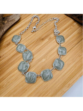 01-Silver Tone Sage Green Swirl Statement Necklace